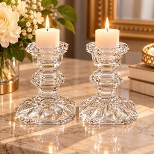 Mikasa Edinburgh Crystal Candlesticks Set of 2 Art Deco Slovenia 3" Taper Holder